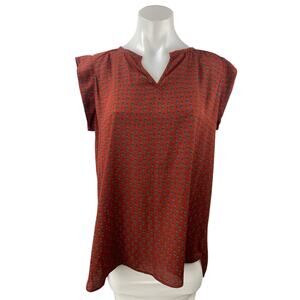 Pleione Women's Red Floral Drop Sleeve Pleated Back Notch Neck Blouse Top Size M